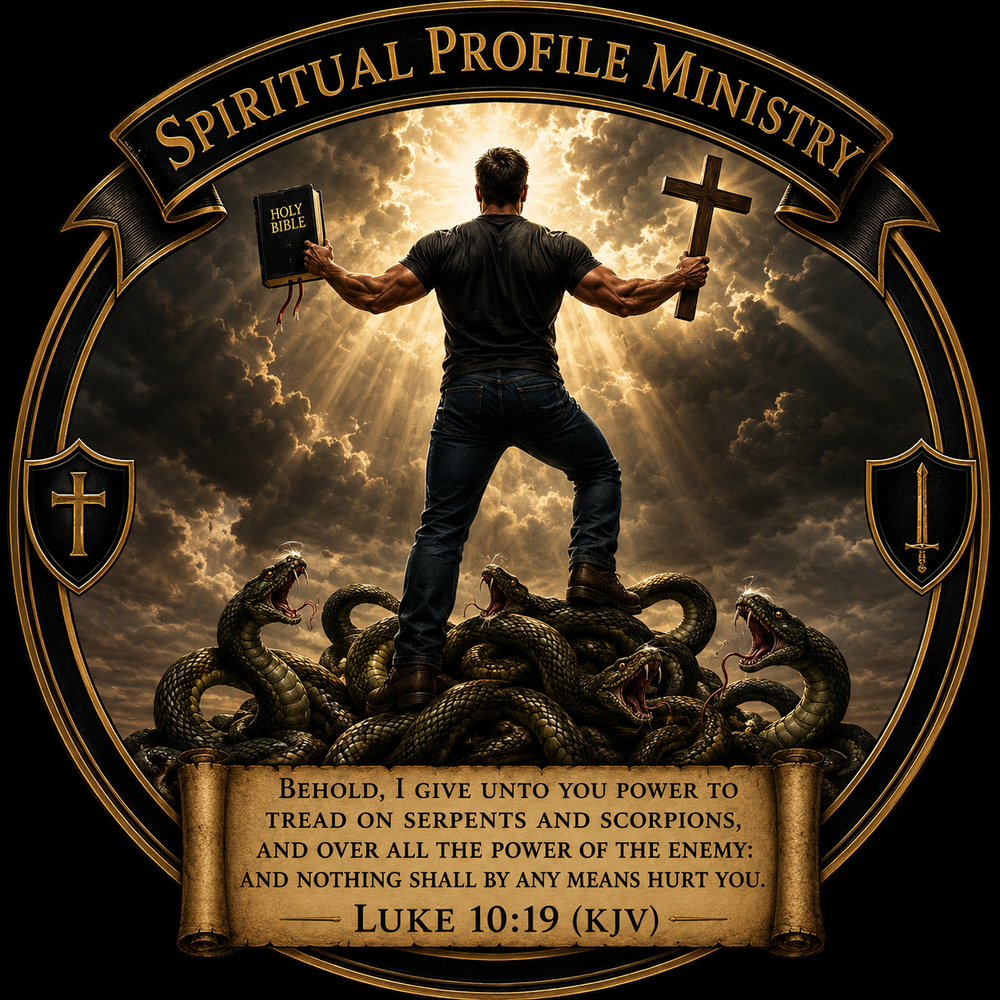 Treading On Serpents Ministries logo with a man holding a Bible and cross while standing over serpents.